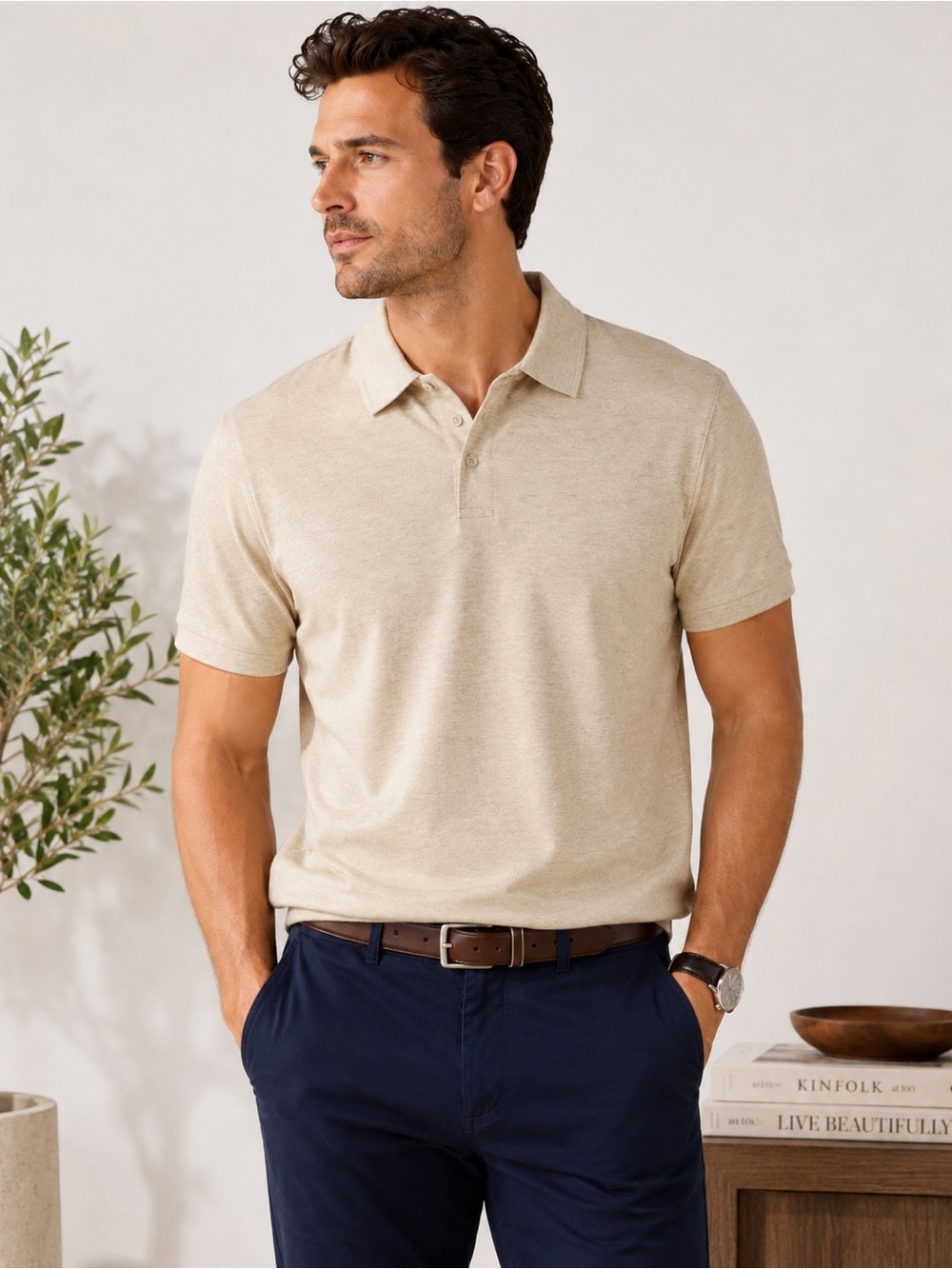 NWT Free Assembly Luxe Everyday Polo Shirt Men’s XL Tan Heather 100% Cotton